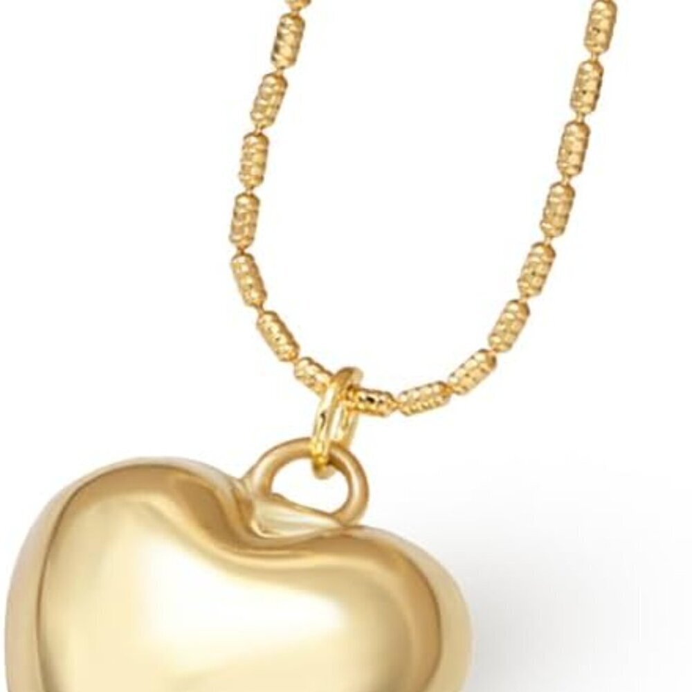 Heart Necklace Puffed Brass 14K Gold Plated Water-Resistant Hypoallergenic
